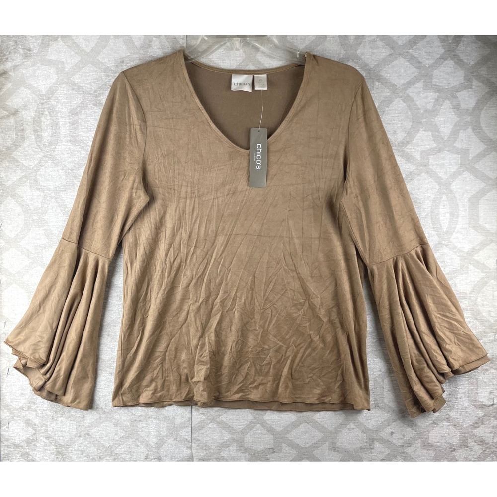 Chico's Faux Suede Flare Sleeve Women 0 Small Brown Sugar NWT V-Neck Knit Top